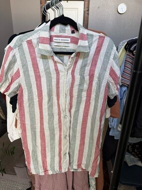 Deus Ex Machina Men's Red & Green Striped Short-Sleeve Linen Shirt